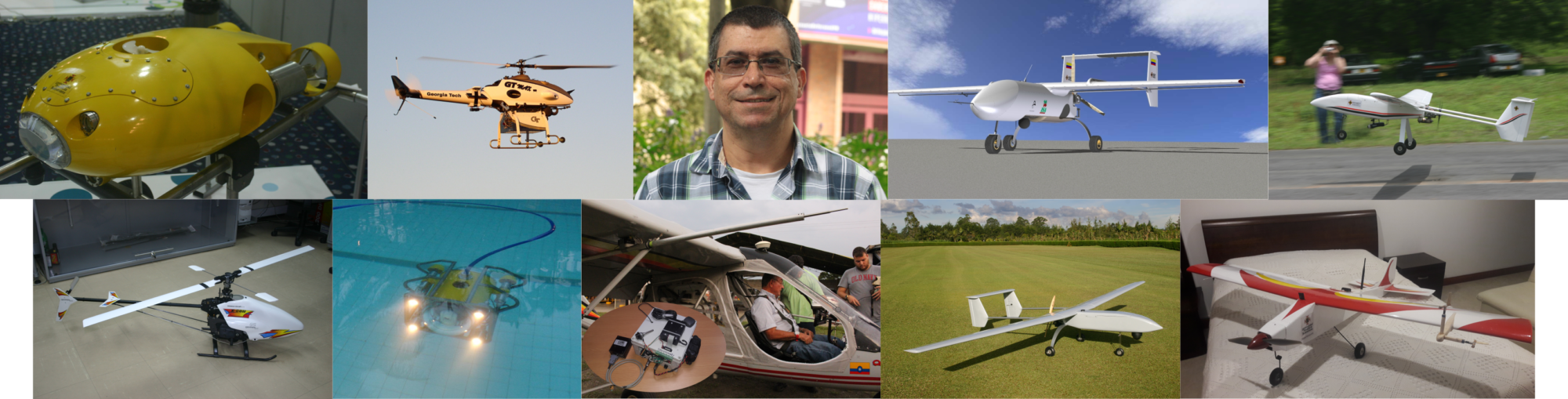Luis Benigno Gutierrez Zea projects: VIsor 2 ROV, GTmax, Luis photo, Aura UAV, Aura Jr UAV, Colibri, Visor 3 ROV, flight data recorder for acquisition of flight test data, Andean Condor UAV, UAV for research in flight mechanics and flight controls